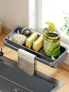 Wall-Mounted Kitchen Storage Rack With Sponge Holder And Dish Rack - Durable PP Plastic Space-Saving Sink Storage Rack, Multi-Functional Plastic Storage Rack Set For Sponge, Soap, Towel, Installed Above Faucet, Modern Design Kitchen Sink Accessories, Bathroom Accessories, Kitchen Accessories, Kitchen Storage - Multicolor - View 6
