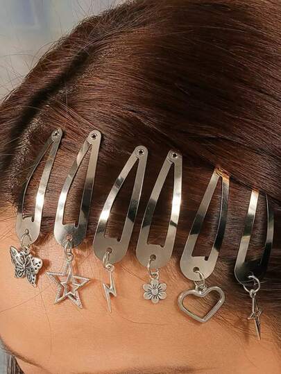 6PCS Pentagram, Heart, And Butterfly Alloy Women's Hair Clip, Creative And Personalized BB Clip, Y2K Cool Girl And Girl Pendant Clip, For Daily, Festival, Party Activities, Music Festivals, Vacations And Travel, Gift Hair Accessory For Girls On Holidays