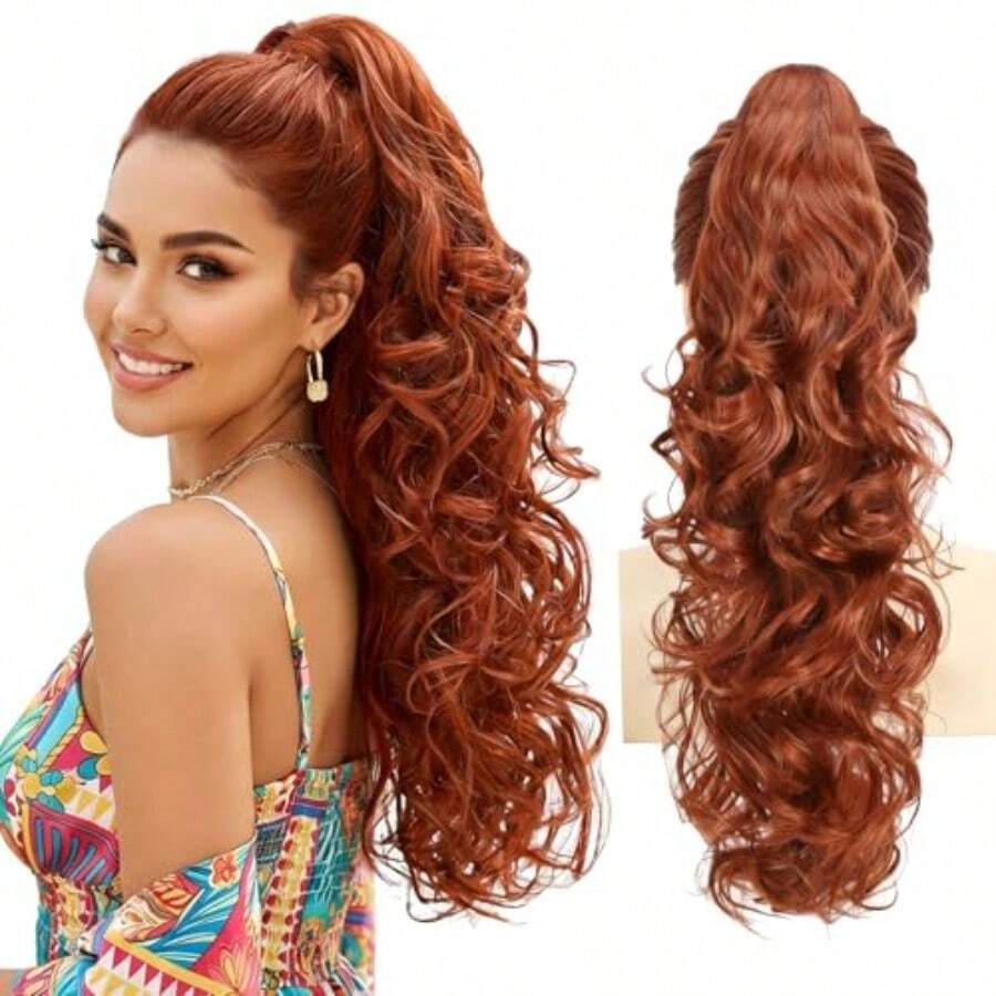 DClaw Clip Ponytail Extension 24 Inch Long Wavy Curly Pony Tails Ginger Clip In Hair Extensions Synthetic Hairpieces Fluffy Natural Looking For Women Copper Red - màu nâu - Xem 1