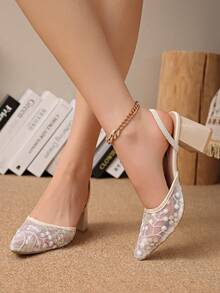 Nuevos zuecos de tacón alto estilo chino en color blanco, sandalias convertibles con punta puntiaguda y bordado de encaje para mujeres - Beis - Ver 5