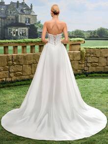 Elasola Vestido de novia blanco de línea A con encaje y cola, de unicolor satinado, para primavera - Blanco - Ver 3