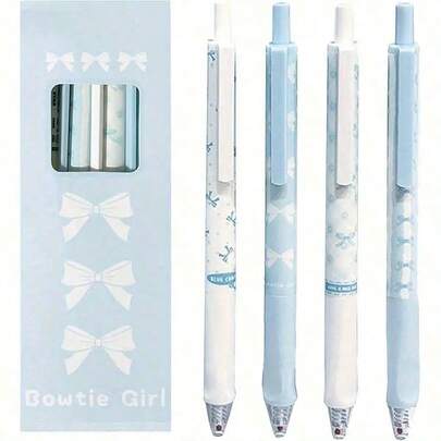 4支装可爱蝴蝶结造型按动式凝胶笔，0.5mm细笔尖，书写流畅，办公学习用品，卡通可爱风格（蓝色）