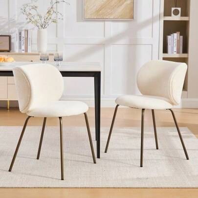 Modern Chenille Dining Chairs, Comfortable Curved Backrest With Soft Fabric, Bronze Metal Chair Legs – Enhance The Tone Of Your Kitchen With Modern Comfort And Style, Set Of Two Handles, Cream