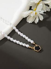 1 chiếc dây chuyền mặt dây chuyền hình cỏ bốn lá đen đính ngọc trai giả tinh tế, thích hợp cho nữ giới đeo hàng ngày, sinh nhật, ngày lễ, Ngày của Mẹ, các buổi họp mặt, kỳ nghỉ biển. - màu đen - Xem 3