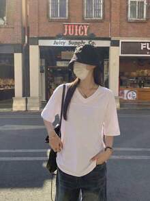 女士V领纯色宽松T恤，休闲短袖简约上衣，夏季基础街头风 - 白色 - 查看 6