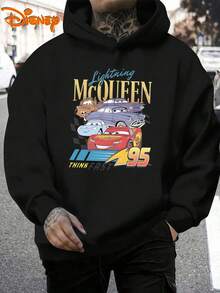 Disney Men's Casual Hoodie, Lightning McQueen 95 Outline Print, Minimalist Racing Style, Relaxed Fit, Ideal For Modern Streetwear & Casual Wear - Black - View 2