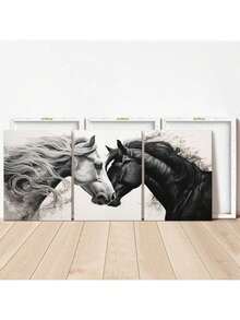 3 peças/Conjunto Pintura em Tela Emoldurada, Conjunto de Arte de Parede em Tela Cavalo Galopante Preto e Branco - Pintura de Cabeça de Cavalo Elegante - Decoração de Arte com Padrão Animal para Sala de Estar, Quarto, Escritório, Presente Perfeito para Amigos e Família, À Prova d'Água - Multicolorido - Visão 17