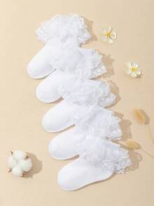 5 đôi tất lưới thoáng khí trang trí ren cho bé gái phong cách ngọt ngào nữ tính màu trắng - trắng - Xem 8