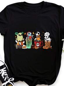 Disneyss Nightmare Before Christmas Jack Sally Printed Women's T-Shirt Korean Casual Short Sleeve Spring Summer Girls Casual Tops Graphic Tees Women - Black - View 1