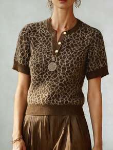 Áo nữ mùa Xuân/Hè 2026 mới, áo dành cho ngày lễ tình nhân, áo len dệt kim tay ngắn họa tiết da báo nứt màu nâu trắng, áo len cổ tròn dáng ôm, áo len đa năng dễ phối đồ. - màu nâu - Xem 2