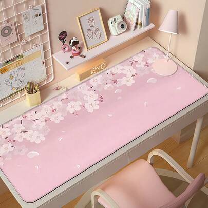 1pc Soft & Cute Cherry Blossom Mouse Pad, Gentle Girly Pink Background Large Desk Mat, Non-Slip Office Desk Decoration Keyboard Pad