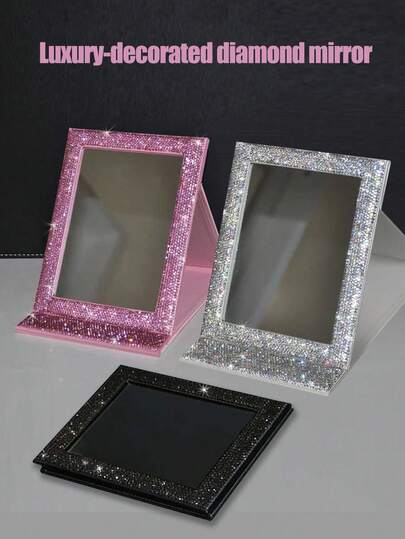 1个镶钻化妆镜，新款奢华闪亮水晶水钻手持镜，随机发货（新旧款），甜美粉色公主风黑曜石手工折叠便携化妆镜，适合旅行、卧室、居家使用，可作为礼物送给朋友、家人、女友，也适合情人节、生日、母亲节、节日等场合。