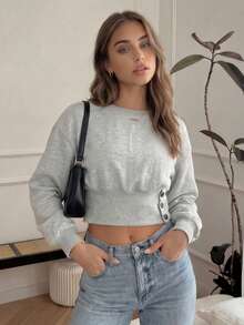 2026 New Simple Classy Young Lady Casual Solid Color Round Neck Long Sleeve Sweatshirt, Summer Casual Pullover Knit Top, Women Spring Clothing, Women's Holiday Party Top, Women Beach Outfit, Women Elegant Summer Vacation Wear - Grey - View 9