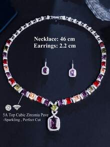 1 Set Gorgeous Big Rainbow Colorful Square Cubic Zirconia Dangle Pendant Necklace And Earrings, Wedding Silver Plated CZ Jewelry Set For Bridal Engagement Banquet Party, Gift For Women, Ladies, Girlfriends, Wife, Mother - Multicolor - View 6