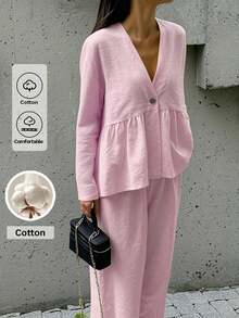 Look Polly Women's Spring Summer Casual Gentle Textured Cotton V Neck Single Button Ruffle Hem Top & High Waisted Wide Leg Pants Two Pieces Set Pink Vacation Outfit - Baby Pink - View 5