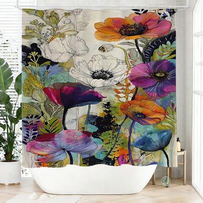 1pc Colorful Floral Shower Curtain, Made Of Polyester, Waterproof, Non-Shading, Suitable For Home And Bathroom Decor, Comes With 12 Hooks