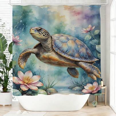 1pc Sea Turtle Shower Curtain, Made Of Polyester, Waterproof, Non-Blackout, Suitable For Home And Bathroom Decor, Comes With 12 Hooks