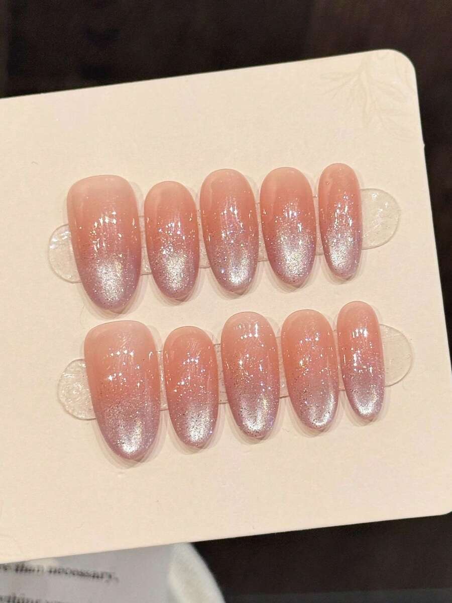 10片手工椭圆形亚克力美甲贴片，长款柔粉色美甲，闪亮猫眼，闪粉点缀，简约时尚优雅，适合春季、夏季、节日、派对、日常、约会、海滩、热带度假等场合，DIY美甲，适合女性和女孩作为礼物，手工美甲贴片 - 粉色 - 查看 1