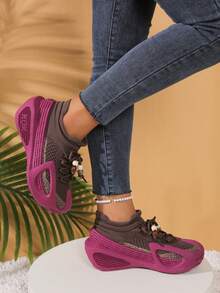 Women's Knit Breathable Soft-Sole Sneakers, Elastic Cuff Design, Anti-Slip Ventilated, Comfortable Athleisure Shoes - Purple - View 4