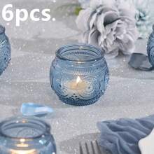 1/6pcs Vintage Glass Candle Holders - Blue Candle Holders, Bulk , Suitable For Party Decor, Tea Lights And Wedding/Bridal Shower Gifts - Multicolor - View 15