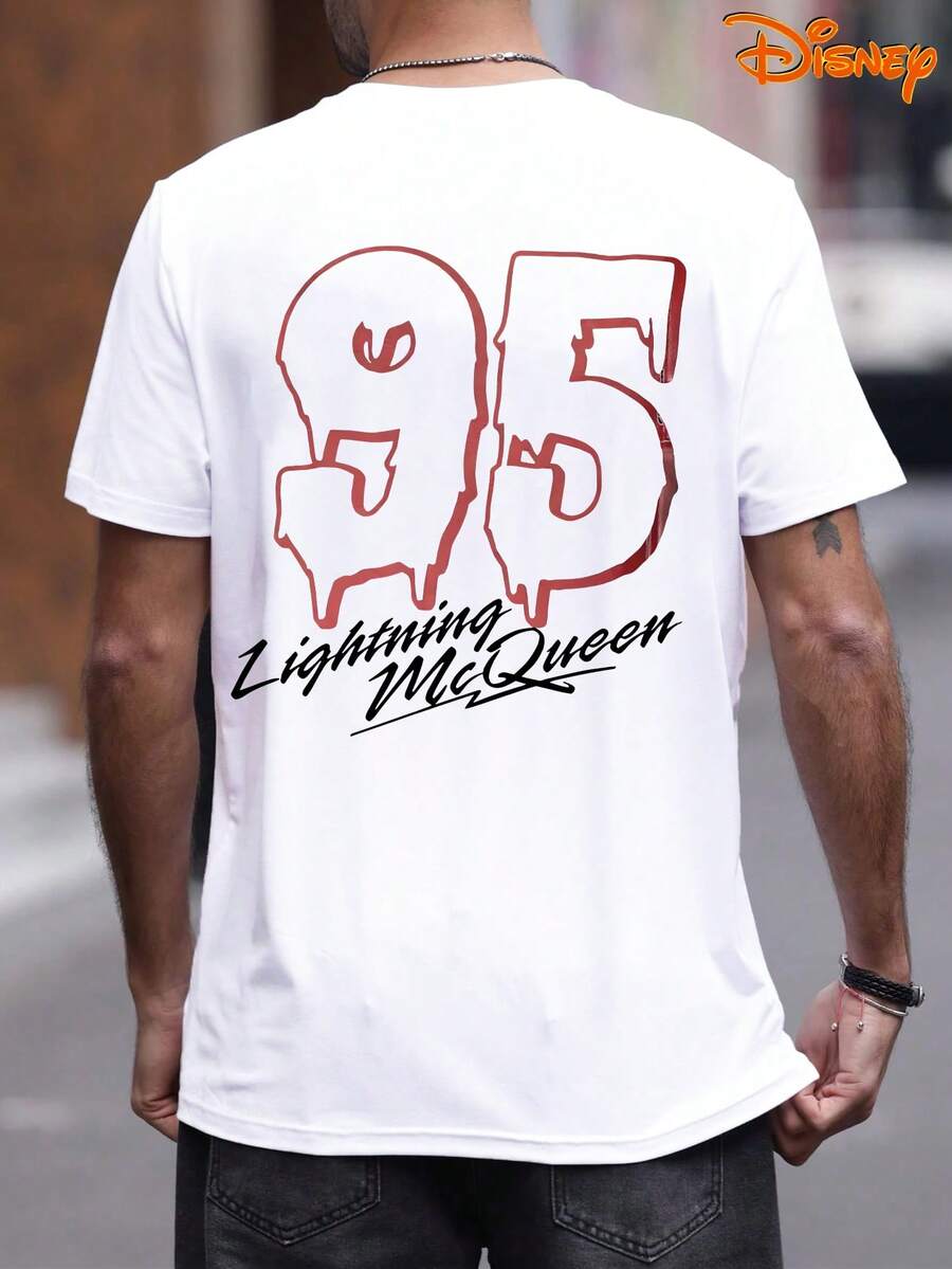 Disney Men's Casual T-Shirt, Lightning McQueen Graffiti 95 & Signature Print,  Street Design, Comfortable Fit, Perfect For Modern Style & Casual Outfits - 白色 - 查看 1