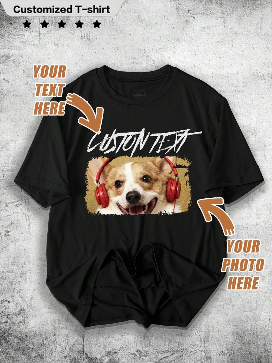 Customized Men's T-Shirt With Personalized Graphic Design, Customizable Shirts, Fashion Tops, Customizable Patterns, Heat Transfer Printing, Celebrities, Sports, Anime, Graphics, Hobbies, Customized Gifts, Holiday Gifts - Black - View 1