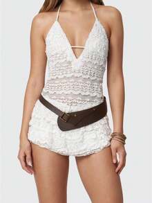 Women's Lace Ruffle Romper Deep V Neck Halter Tie Strap Sheer Mesh Tiered Ruffle Hem Playsuit For Party - White - View 1