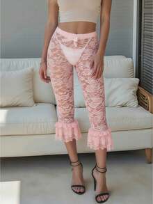 Women's Floral Lace Sheer Capri Leggings High Waist Fitted Ruffle Trim Bow Detail Capris With Ruffled Hem For Y2K - Pink - View 1