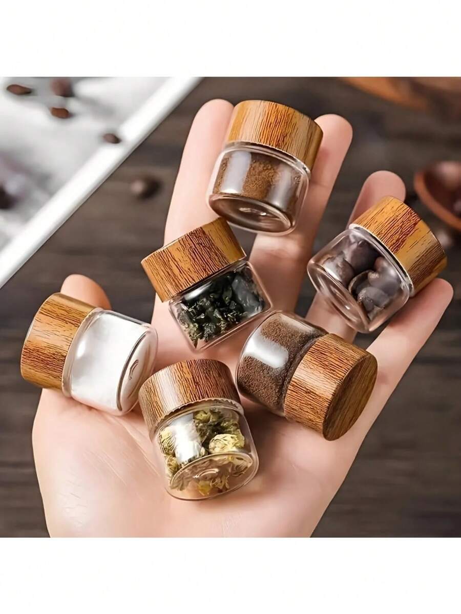 3 piezas Tarros de almacenamiento de vidrio, Organización del hogar, Almacenamiento de cocina, Recipientes, Material de vidrio, Tarros de almacenamiento de granos de café, Tapas de bambú, Botellas de vidrio transparente mini adecuadas para viajes, picnics, campamentos, Recipientes portátiles de cocina - Caqui - Ver 1