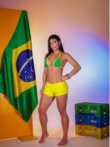 Kickoff Green And Yellow Triangle Bikini Set With Push-Up Micro Shorts - 黃色 - 查看 2