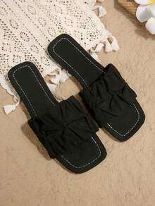 褶皱方头平底拖鞋，系带女士沙滩鞋，时尚夏季新款优雅休闲百搭女士平底拖鞋 - 黑色 - 查看 14