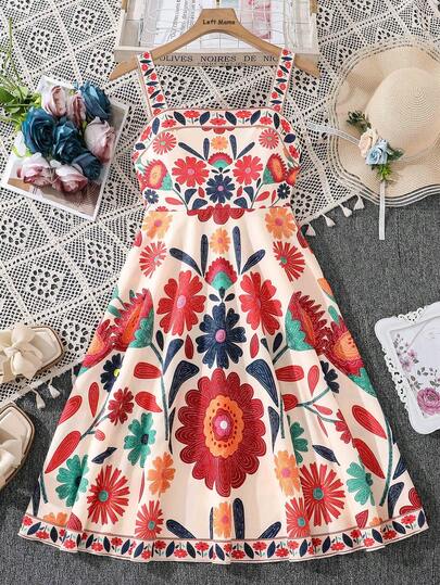 Left Mama Tween Girls Sweet Multi-Color Floral Camisole Dress, Suitable For Beach, Vacation, Travel In Summer