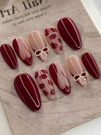 30 piezas Pegatinas de uñas acrílicas en forma de almendra de color rojo con diseño de labios/corazón, Set de uñas postizas 3D estilo Y2K con decoración de lazos, adecuado para salones de uñas, niñas y mujeres para uso diario, vacaciones y regalos