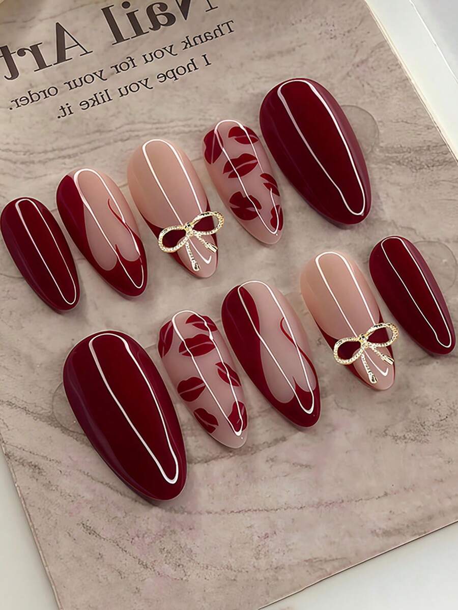 30 miếng dán móng tay acrylic hình hạnh nhân cỡ vừa màu đỏ hình môi/trái tim, bộ móng giả 3D phong cách Y2K kèm nơ trang trí, thích hợp cho tiệm nail, bé gái và phụ nữ sử dụng hàng ngày, trong các dịp lễ và làm quà tặng. - Nhiều màu - Xem 1