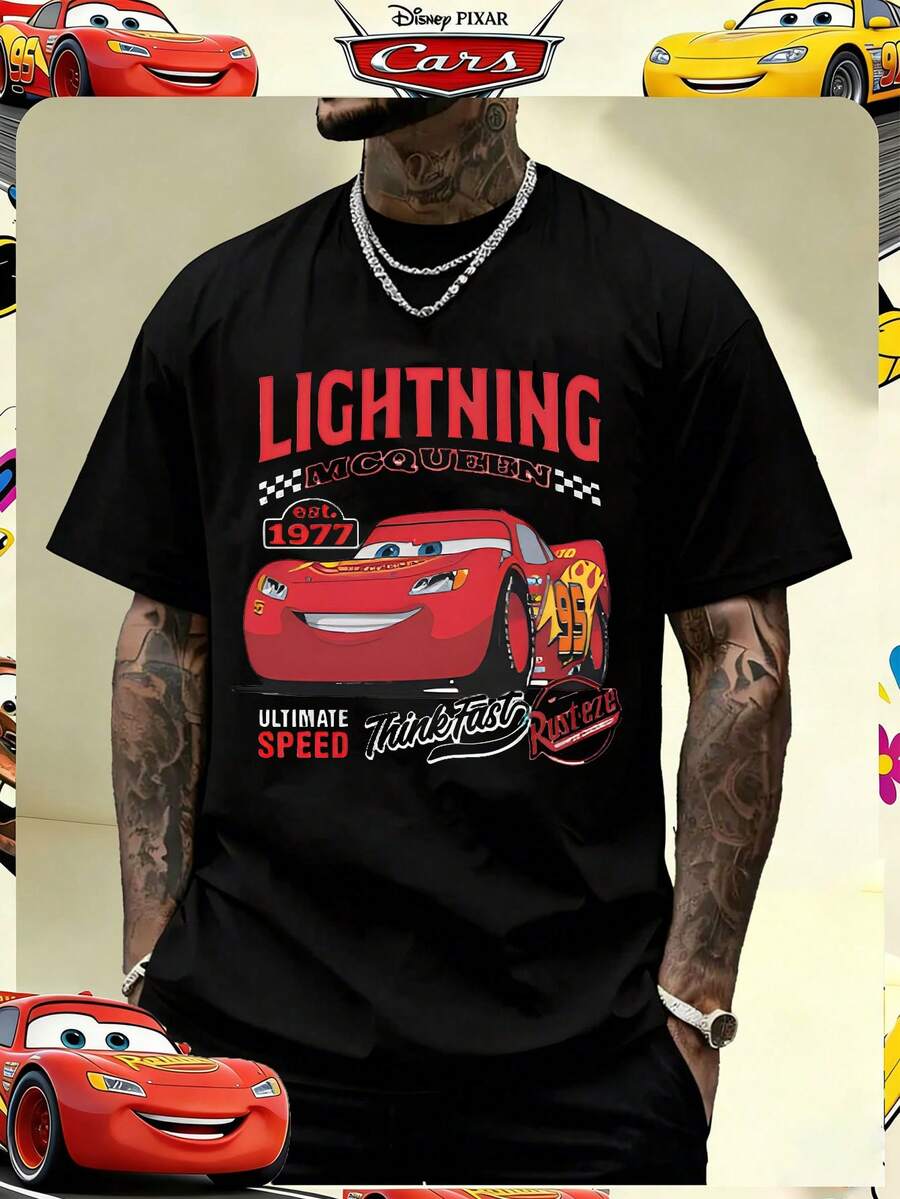 Disney Official Licensed Cars Lightning McQueen Est 1977 Ultimate Speed Print 220g Cotton Crew Neck Unisex Tee - 黑色 - 查看 1