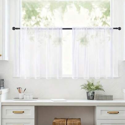 2pcs Modern Minimalist Romantic Sheer White Voile Curtain Panels, Rod Pocket Top, Suitable For Small Windows, Dining Room, Kitchen, Bathroom, Bay Windows, Entryway, Cabinet Cover, Cafe Decor