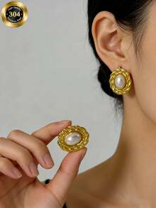 Bông tai đính ngọc trai hình trái tim và hoa bằng thép không gỉ, không phai màu, trang sức cao cấp dành cho công sở, bông tai thép không gỉ, quà tặng Ngày của Cha, hộp đựng trang sức, hộp trang sức nữ, phụ kiện mùa hè, lễ hội, bông tai nữ thanh lịch - Vàng - Xem 7