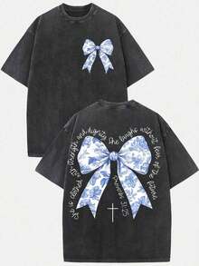 2026 Summer Clothes(230g T-Shirt) Oversized Washed Cotton "Faith Over Fear" Floral Graphic Christian T-Shirt, Casual Soft Short Sleeve, Breathable Ret - 黑色 - 查看 9