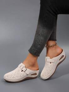 女士春季新款圆头厚底舒适套脚休闲时尚穆勒鞋 - 米白色 - 查看 7