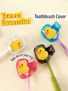Small Yellow Duck Pattern Toothbrush Holder Portable Combination Set, Portable Toothbrush Cover,Travel Toothbrush Storage Box, Portable Toothbrush Head Protection Clip, Toothbrush Storage Clip,Dustproof Toothbrush Protector For Home & Travel,Suitable For Home And Travel Use, Travel Toothbrush Storage Clip, Protect Your Toothbrush Clean And Care For Your Oral Health - Multicolor - View 4