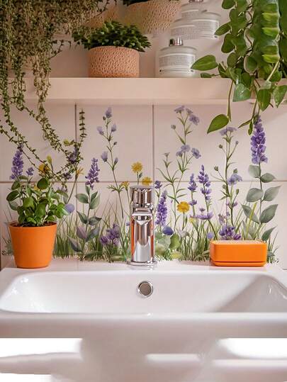 1片清新花卉图案浴室墙贴，野花簇状墙贴，适用于浴室盥洗台，自粘式墙面装饰，增添自然温馨氛围