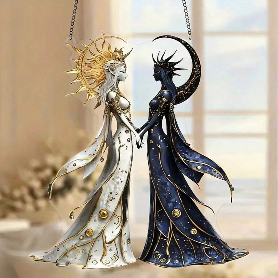 2D平面亚克力阳光捕捉器——日月女神双人像，适用于窗户、庭院及精神装饰 - 彩色 - 查看 1
