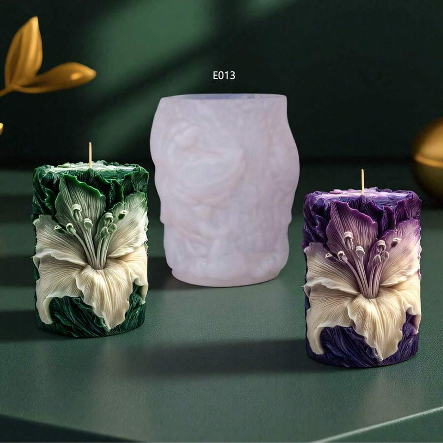 百合花圆柱香薰蜡烛硅胶模具，DIY花卉浮雕圆柱香薰家居装饰扩散器石石膏模具 - 白色 - 查看 1