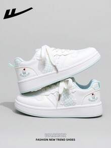 1 Pair WARRIOR Women's Thick Sole Lace-Up Soft Bottom Casual Shoes, Low-Top Outdoor Flat Shoes For Summer, Round Toe Low Heel Non-Slip Solid Color Elegant Soft Bottom Hiking Shoes, Suitable For Students, Graduation Photos, Flat Shoes, Low-Top Leather Sneakers - White Green - View 2