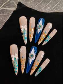 10 Pcs Handmade False Nails, Press On Nails,The Fresh And Vibrant Ocean Fairy Style Is Based On A Nude Base Color, With Turquoise Nail Tips As The Visual Center, Paired With Golden Brown And Emerald Green Sparkles, Embellished With White Three-Dimensional Bows And Delicate Gemstone Diamond Ornaments. - 彩色 - 查看 3