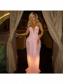 Summer New Pure Desire Mesh Stitching Low-Cut Neck Backless Irregular Dress - Màu vàng - Xem 2
