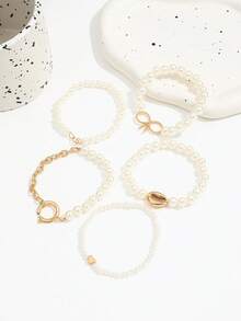 5pcs INS Style Faux Pearl Heart Beaded Elastic Bracelet Set, Minimalist Ocean Bowknot Heart Shell Chain Pearl Bracelets For Women - Gold - View 3