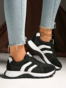 运动型厚底气垫系带软底跑步鞋，休闲运动鞋，网面厚底运动鞋 - 黑色 - 查看 3