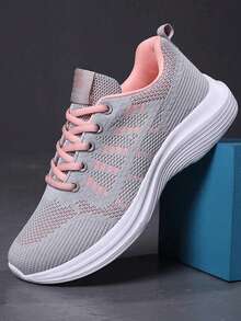 Zapatos Transpirables De Malla De Punto Ligero, Zapatillas Deportivas De Mujer Transpirables Zapatillas deportivas casuales para mujer malla transpirable ligeras suela gruesa alta cómodas - Negro - Ver 8