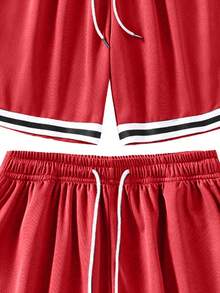 1pc Men's Summer Sports Basketball Shorts, Drawstring Elastic Mesh Quick-Dry Loose Fit Knee-Length Shorts - Red - View 5